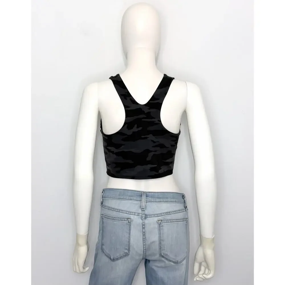 Athleta Conscious Crop Top Bra Women M Black Gray Camo Racerback Logo